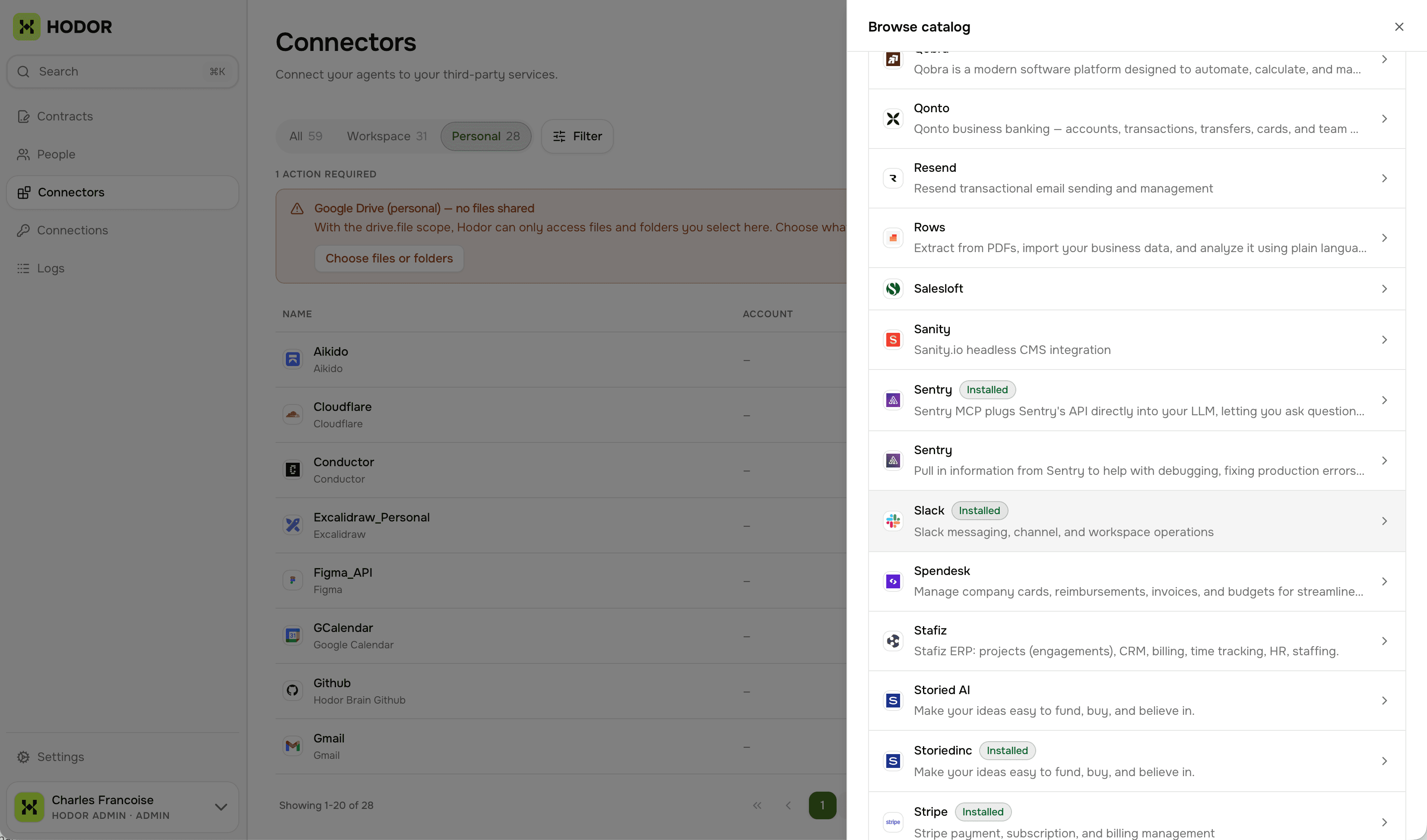 Hodor's Connectors page with the catalog open, listing Slack among the available connectors