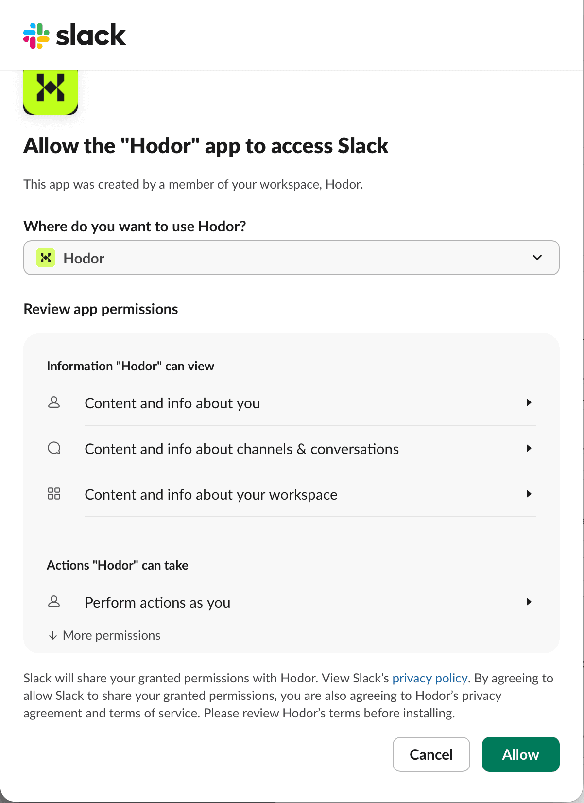 Slack's consent screen asking to allow the Hodor app to access Slack, with Cancel and Allow buttons