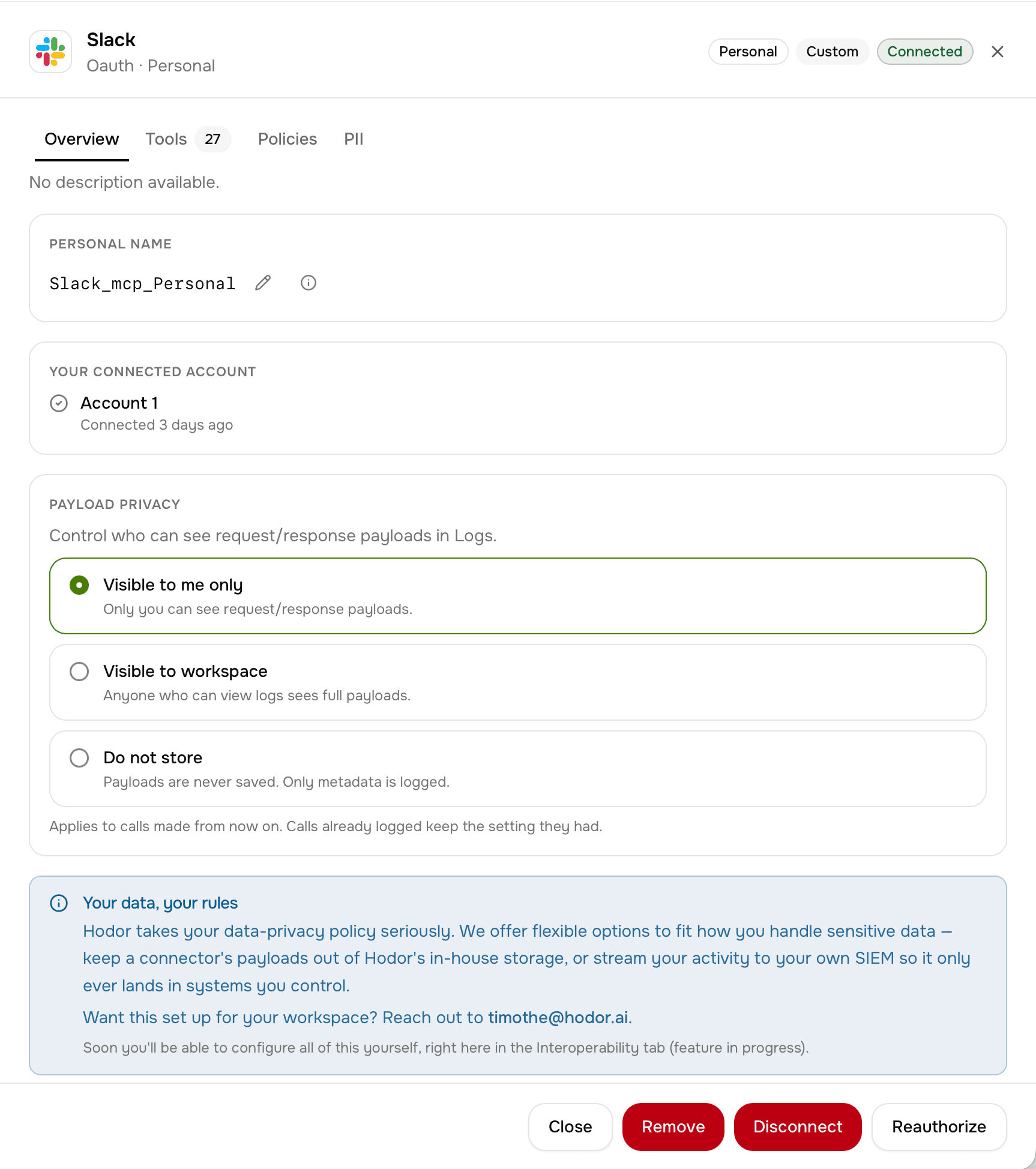 The Slack connector in Hodor showing Connected, with Disconnect and Reauthorize buttons