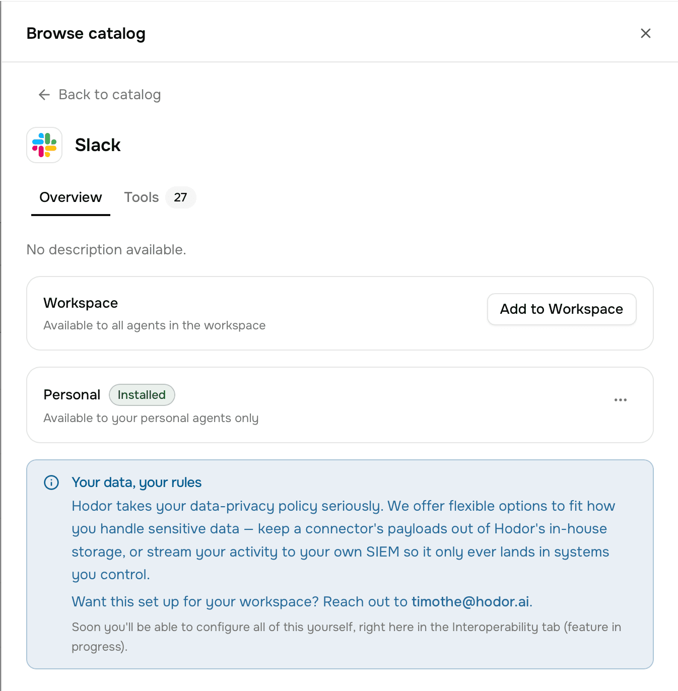 Slack's entry in the Hodor catalog, with its Workspace and Personal options