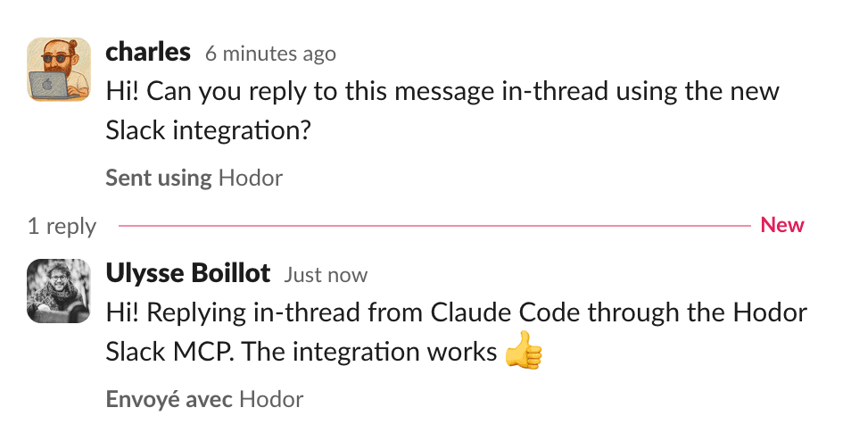 A Slack message sent through Hodor, labelled Sent using Hodor, with a reply in its thread